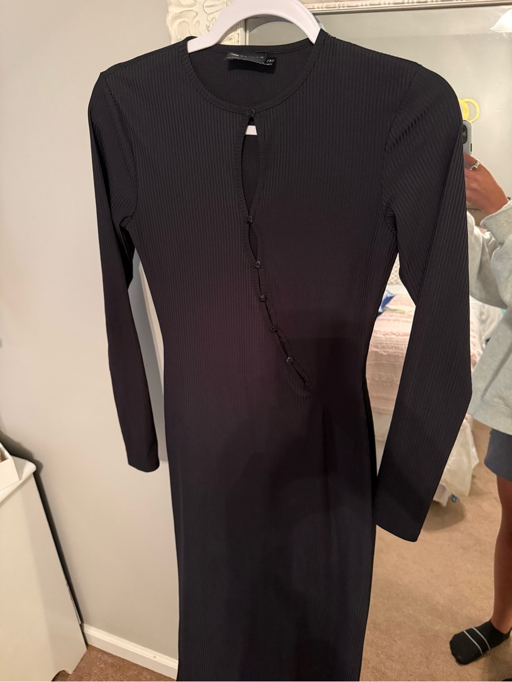ASOS DESIGN Black Ribbed Long Sleeve Midi Dress with Asymmetric Button Detail